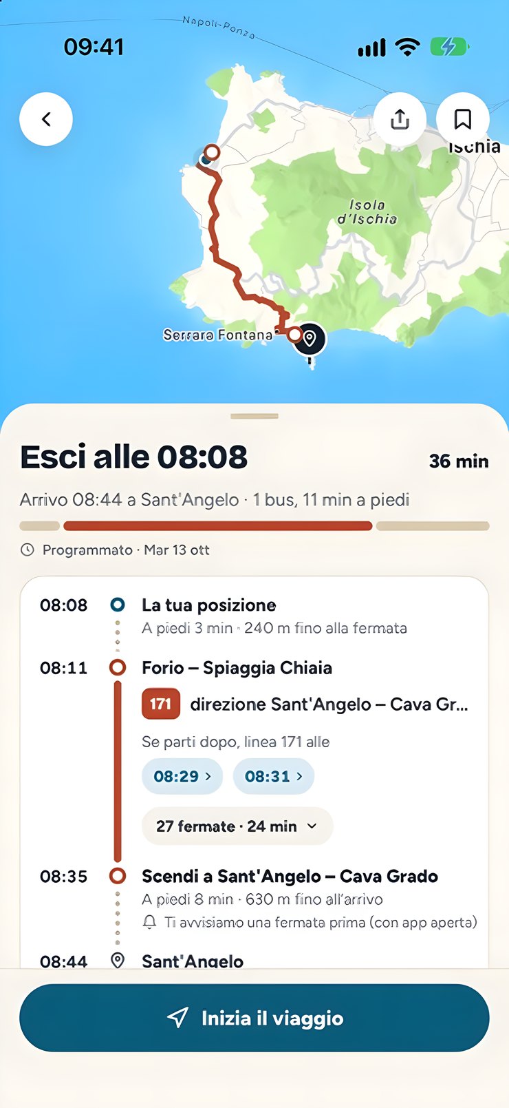 Itinerario: esci alle 08:08, a piedi fino alla fermata, linea 171 e arrivo a Sant'Angelo