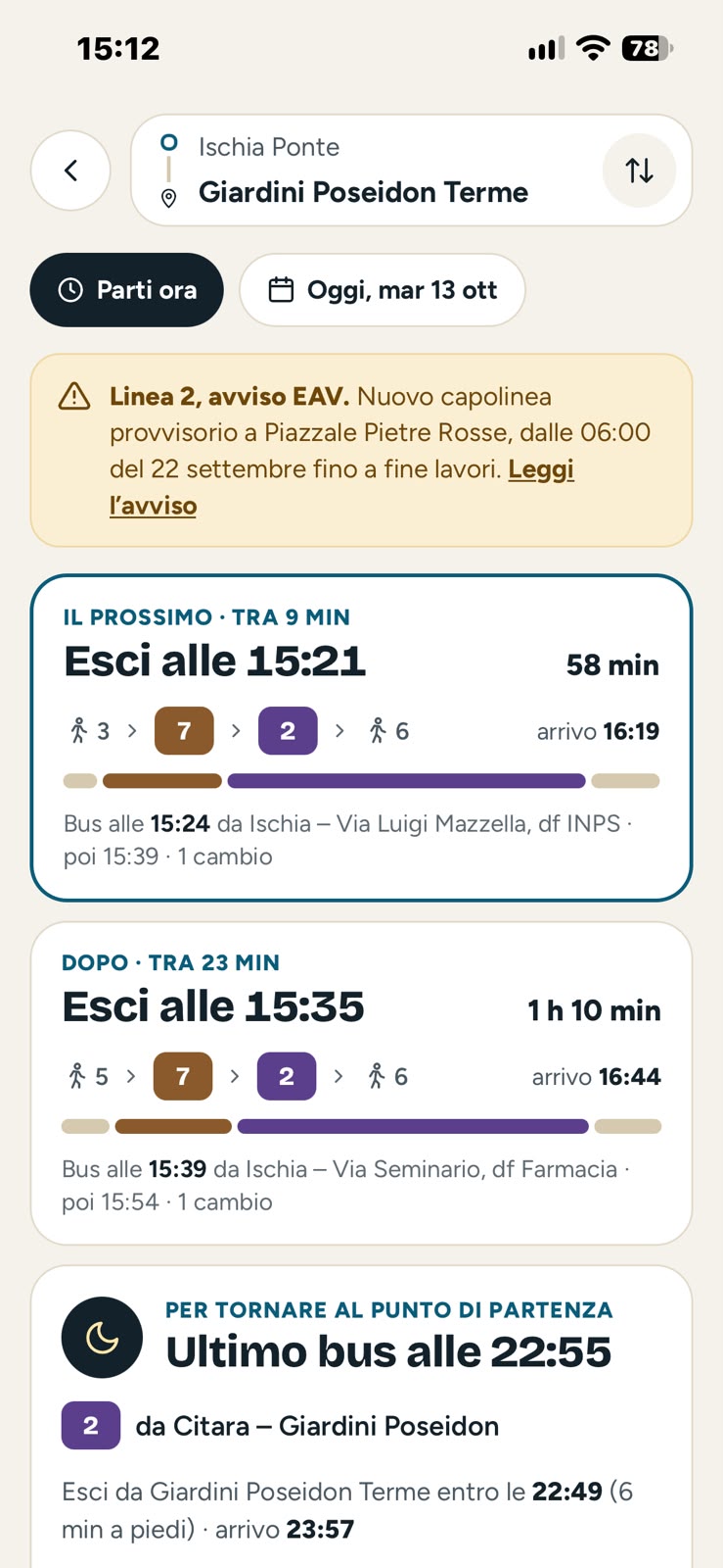 Da Ischia Ponte ai Giardini Poseidon: le prossime partenze, un avviso EAV sulla linea 2 e l'ultimo bus per tornare alle 22:55